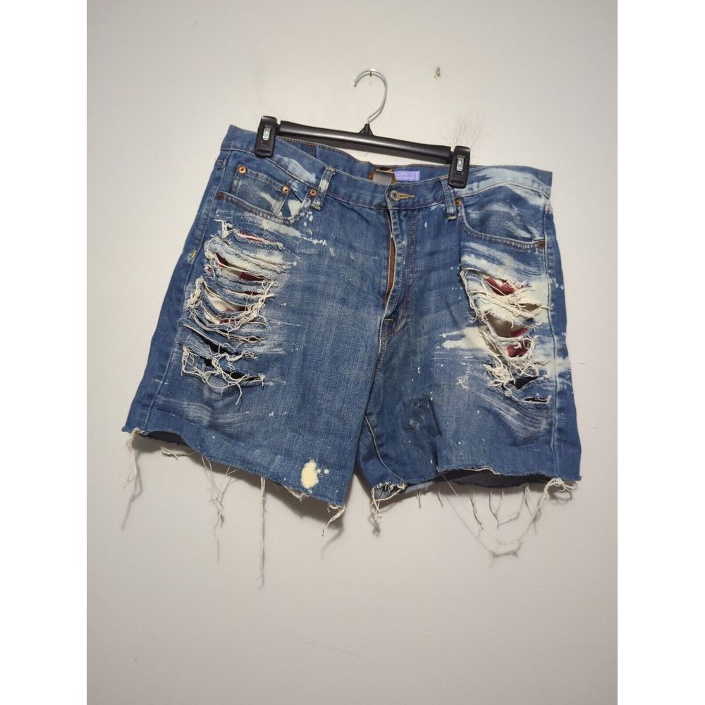 Lucky Brand Violets Distressed Denim Shorts Blue Splatter‎ Paint Shredded 38